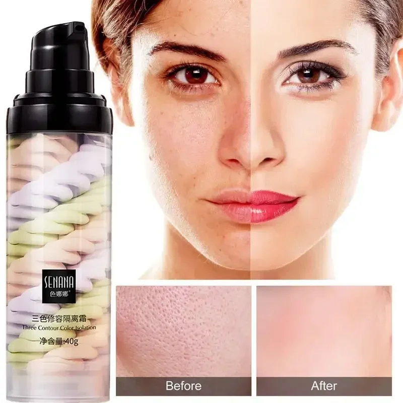 Soros faciais cor tricolor, creme de isolamento de maquiagem facial, poros invisíveis, hidratante, essência, corretivo, base