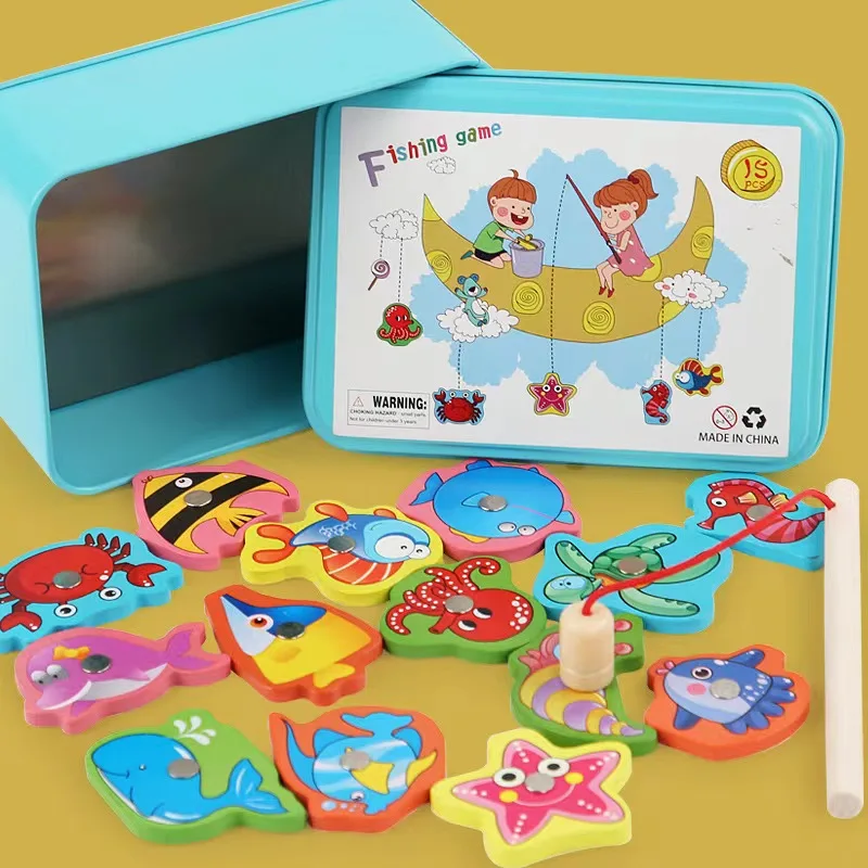 Jogo de pesca magnética de madeira para crianças Jogo de pesca Magnet Fish Catching Puzzle, Brinquedos Educativos, Habilidade motora, Montessori