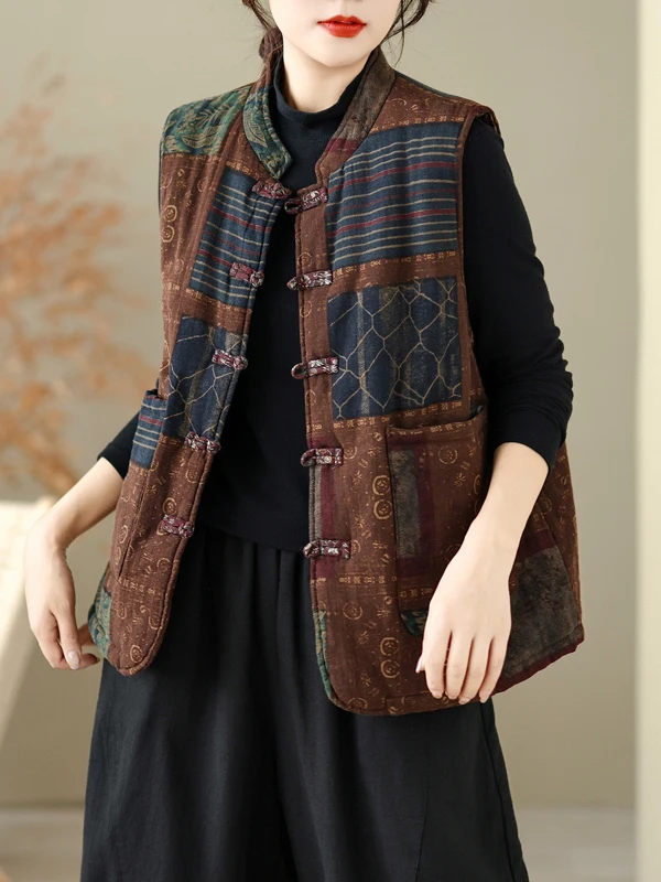 Chinese Style Cotton Linen Print Button Vest Autumn Winter Outerwear Artistic Jacket Women's Loose Fit Warmth Medium Length R...