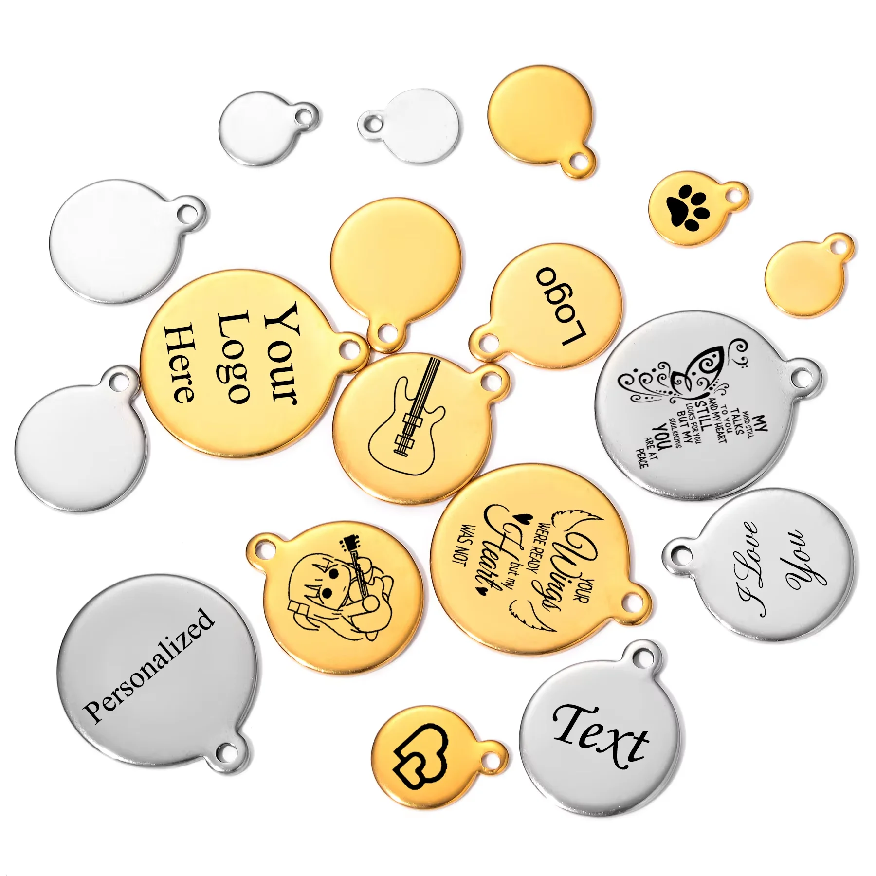 10pcs Laser Engrave Logo Name Text Tag Stainless Steel Personalized Charms Round Tag Necklace Extend Chain Tail Tag Jewelry