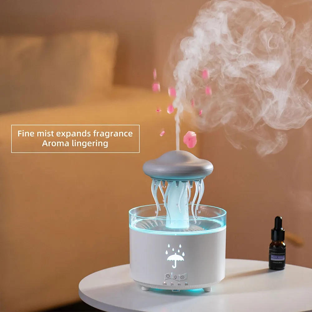 Difusor de aroma de nuvem de chuva, umidificador de ar, água-viva silenciosa, ultrassônico, fabricante de névoa fria, óleo essencial led com lâmpada noturna