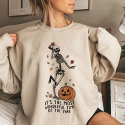 Esqueleto e Abóbora feminino de Halloween estampam camisolas de manga longa, moletom casual gola redonda, roupas plus size