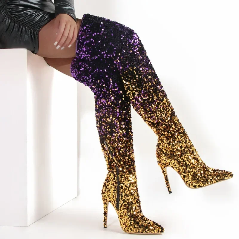 

2024 New PU Sexy Over The Knee Long Boots Gradient Bling High Heels 11CM Thin Heels Side Zipper Women Boots New Sharp Tip Boots