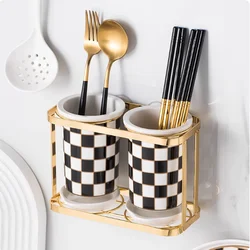 Luxurious Checkered Ceramic Chopsticks Tube Kitchen Storage Tool Drain Chopsticks Box Household Wall Mounted Chopsticks Rack