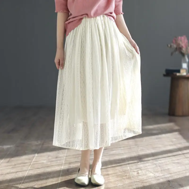 

Spring Summer Women's Clothing Solid Color Elastic High Waisted Elegant Gauze Patchwork Ball Gown Preppy Style Knee Skirts