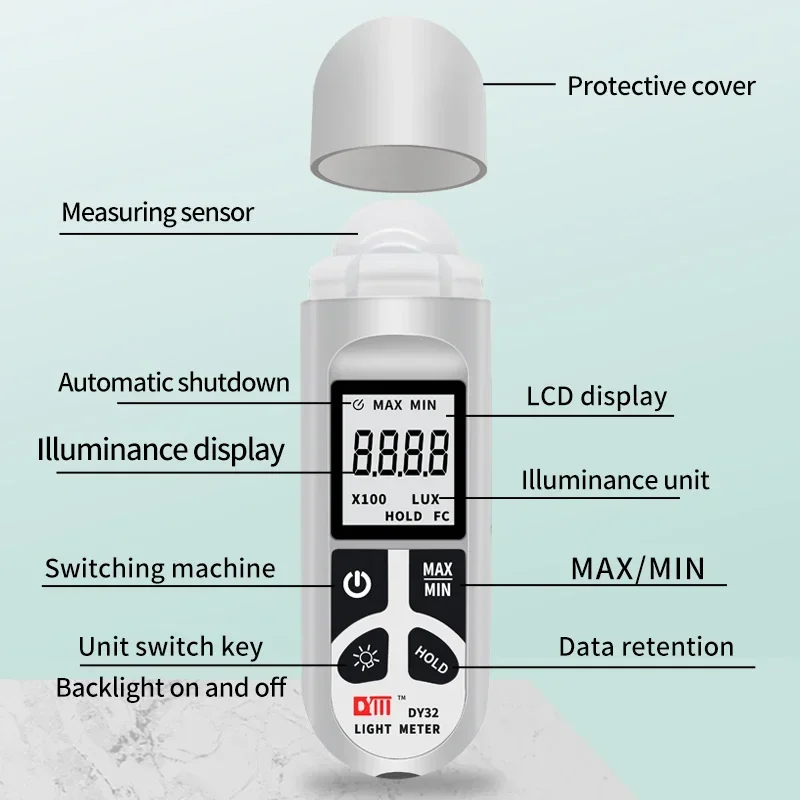 DY32 Digital Illuminance Meter Handheld Lux Tester 0-200000 Lux Fc Portable Luxmeter Photometer LCD Display for Plant Growth