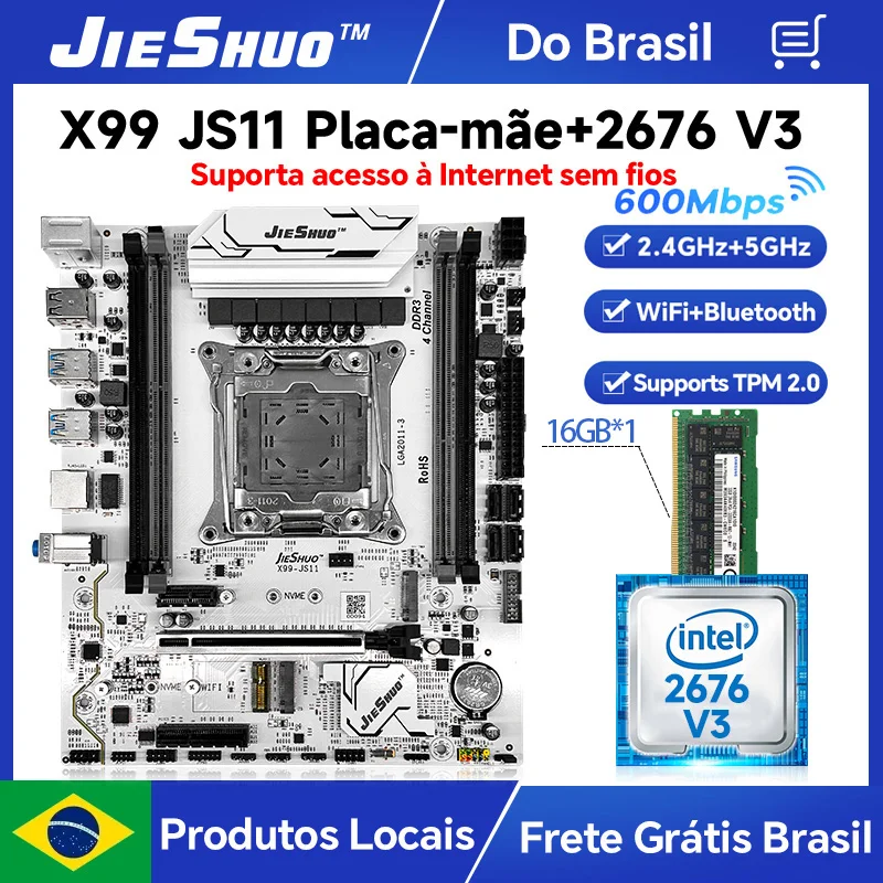 Kit Placa Mãe JIESHUO X99-JS11 + Xeon E5-2676 V3, Utiliza 16GB de memória DDR3 ,  TPM 2.0, para PC Gamer LGA2011-3