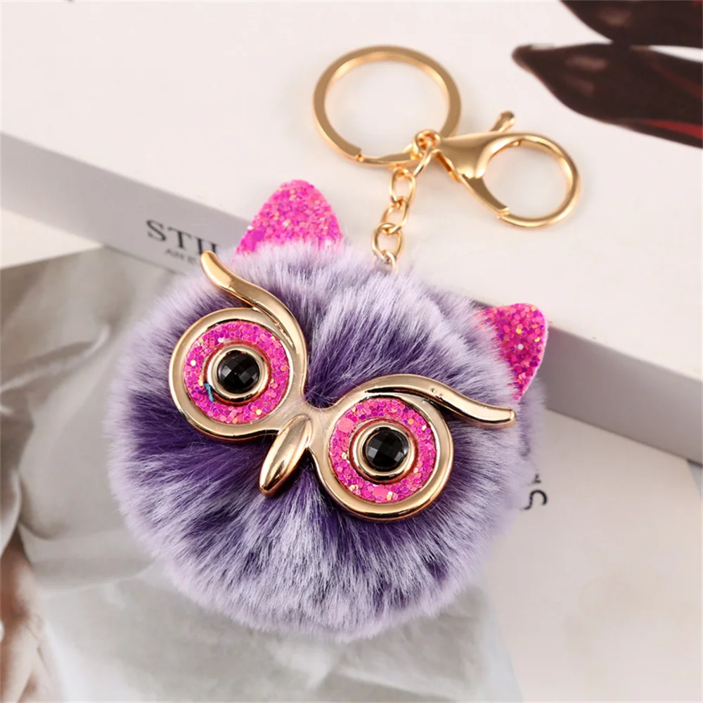 Cute Fluffy Pompom Owl Keychain Big Eyes Sequins Keyring Charms Bag Pendant Car Trinket Best Gift Key Ring Accessories