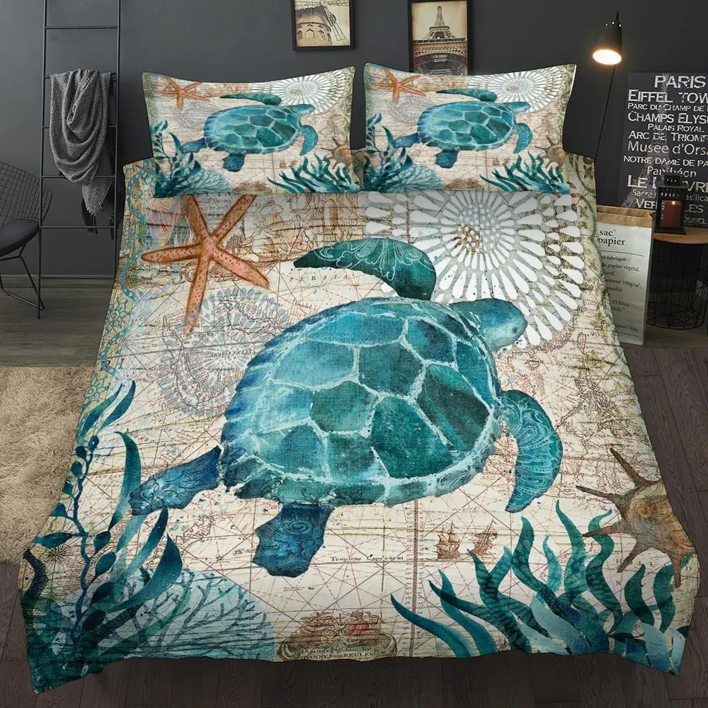 

New lovely bay turtle marine sea bed linen set adult/kid girl bed cover bed sheet sheet turtle full queen