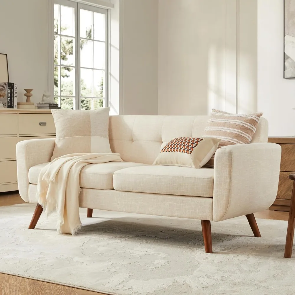 Sofá Loveseat de 65 pulgadas de ancho, sofás con asiento de amor de decoración moderna de mediados de siglo para sala de estar, sofá pequeño tapizado con botones para cama