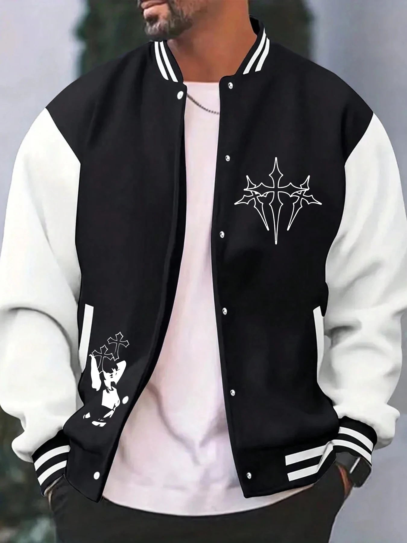 

Hollow Silhouettes And Patterns Print Male Baseball Jersey Loose Casual Jackets Street Fleece Tops Button Clothes For Men