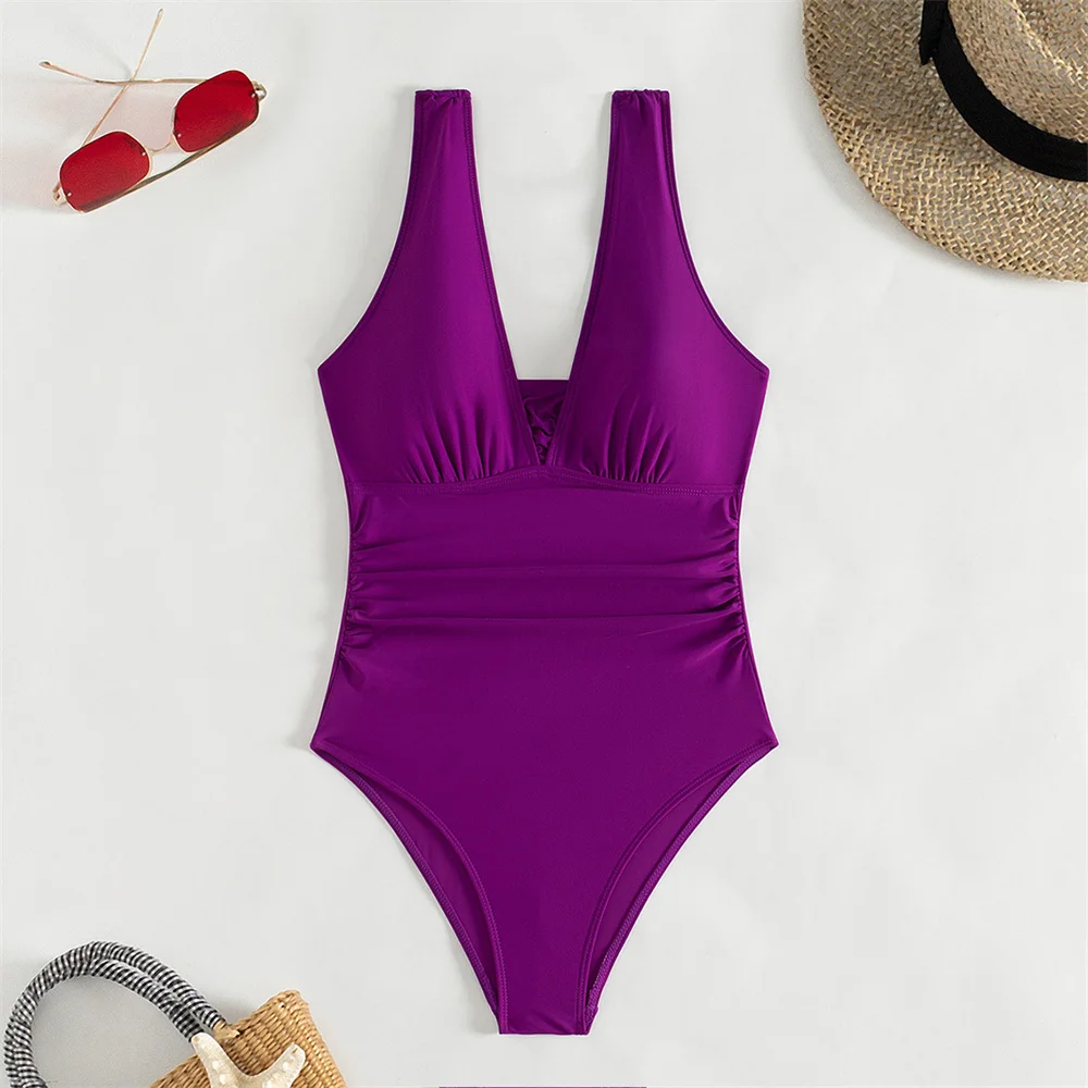 

Сексуальное бикини, роскошный фиолетовый Y2K, купальник с открытой спиной и подтяжками, плиссированное монокини с высокой талией, пуш-ап, женский купальник для отдыха, пляжный костюм