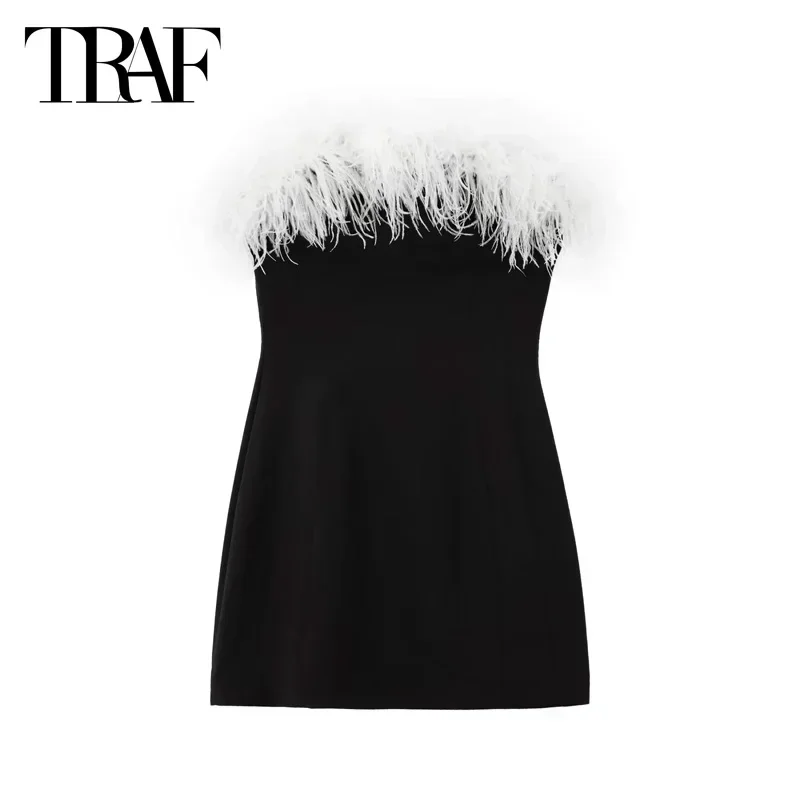 TRAF Feather Corset Dresses 2024 Women Dresses Mini Off Shoulder Short Dresses Sexy Elegant Party Dress Backless Black Vestidos