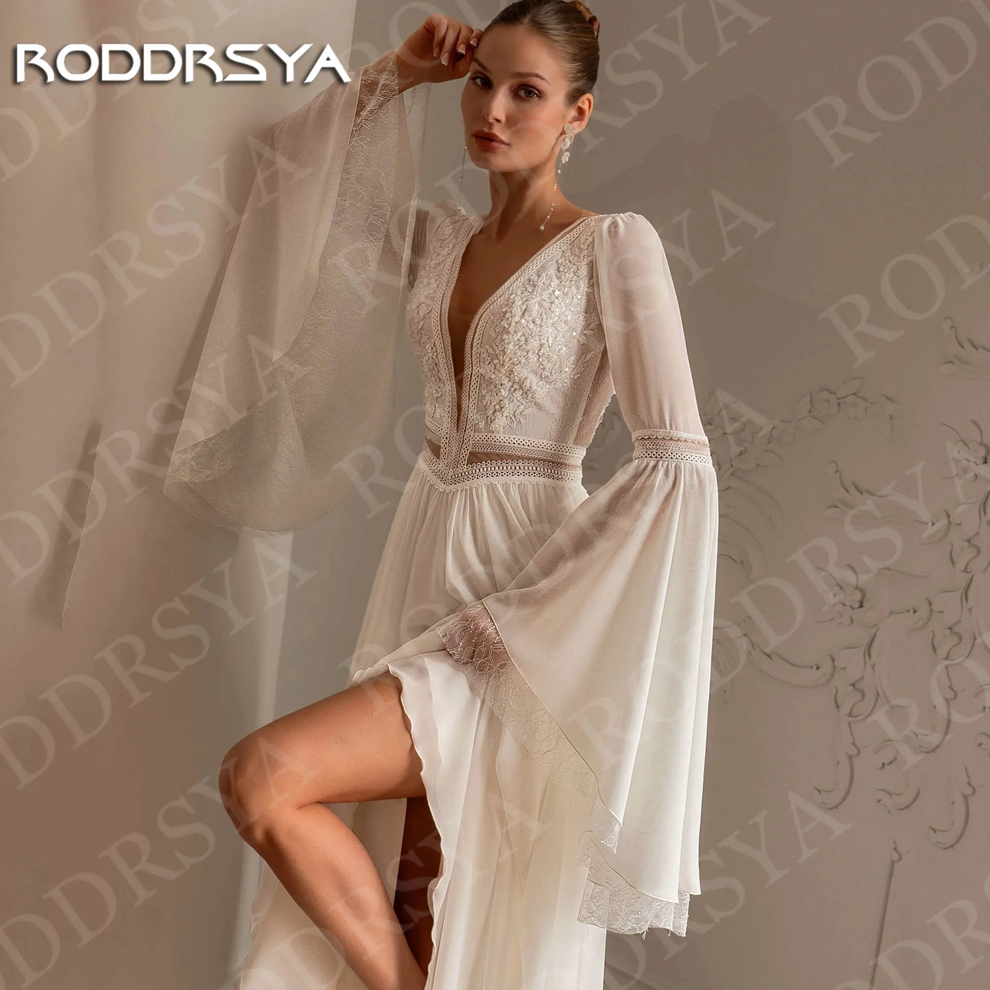 Gaun Pengantin Boho RODDRSYA Lengan Lonceng 2026 Wanita Renda Leher V Dalam Chiffon A-Line Gaun Pengantin Bohemian Aplikasi Kustom