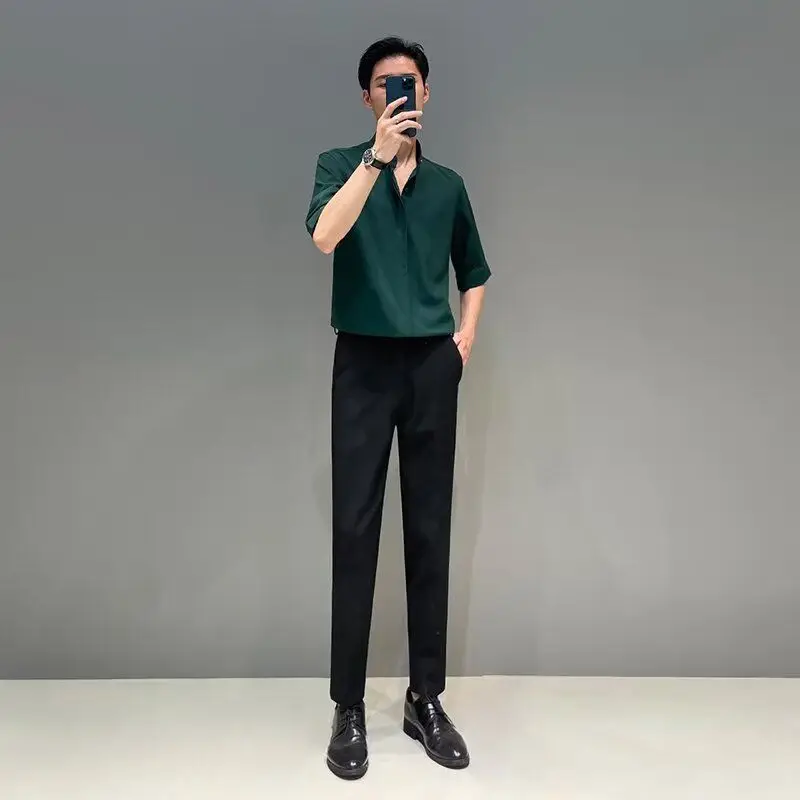 

Мужская шелковая одежда irt Buttonl с воротником-стойкой ort Sve Busin, повседневная, свободная посадка, молодежная, из полиэстера, со стойкой, летняя...