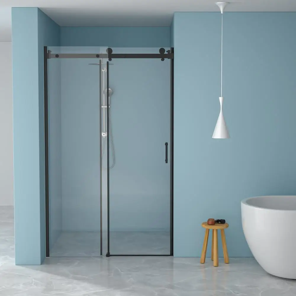

48" Single-Slide Shower Door 8mm Tempered Glass with 304 Stainless Steel Frame Space-Saving Matte Black Design