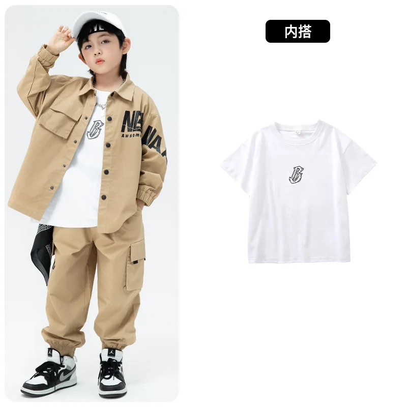 Kid Kpop Hip Hop Clothing Khaki Shirt Jacket Casual Streetwear Cargo Jogger Pants for Girl Boy Jazz Dance Costume Clothes Set