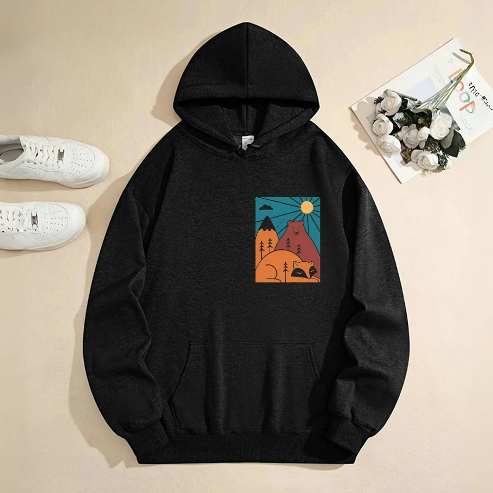 자연 애호가 코튼 후드 베어 마운틴 패턴 캐주얼 루즈 긴팔 가을 멋진 매력적인 세련된 편안한 탑