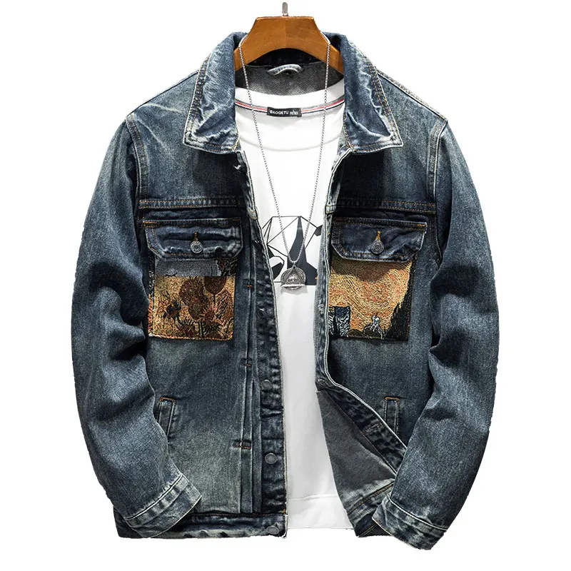 

Casual denim jacket, men's fashionable printed pocket, high street brand, retro trend, handsome and loose fitting oversized men'