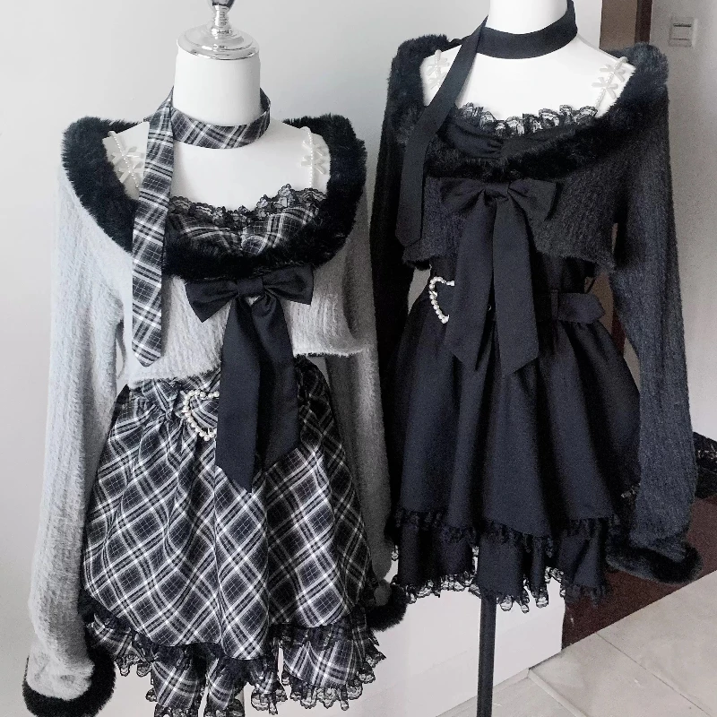 

Autumn Winter New Japanese Rojita Style SC Mass-Produced Jacket Camisoles Dress And Sweater 2-Piece Set Kawaii Clothes Outfits