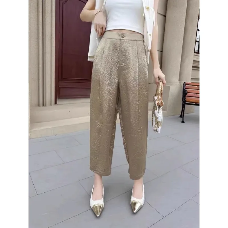 

Women's Burgundy Textured Harem Pants High Waist Pleated Loose Cropped Trousers