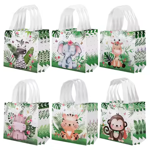 6-24Pcs Safari Animal Gift Bags Cartoon Jungle Animal Non Woven Candy Cookies Bag Kids Safari Birthday Party Favors Baby Shower