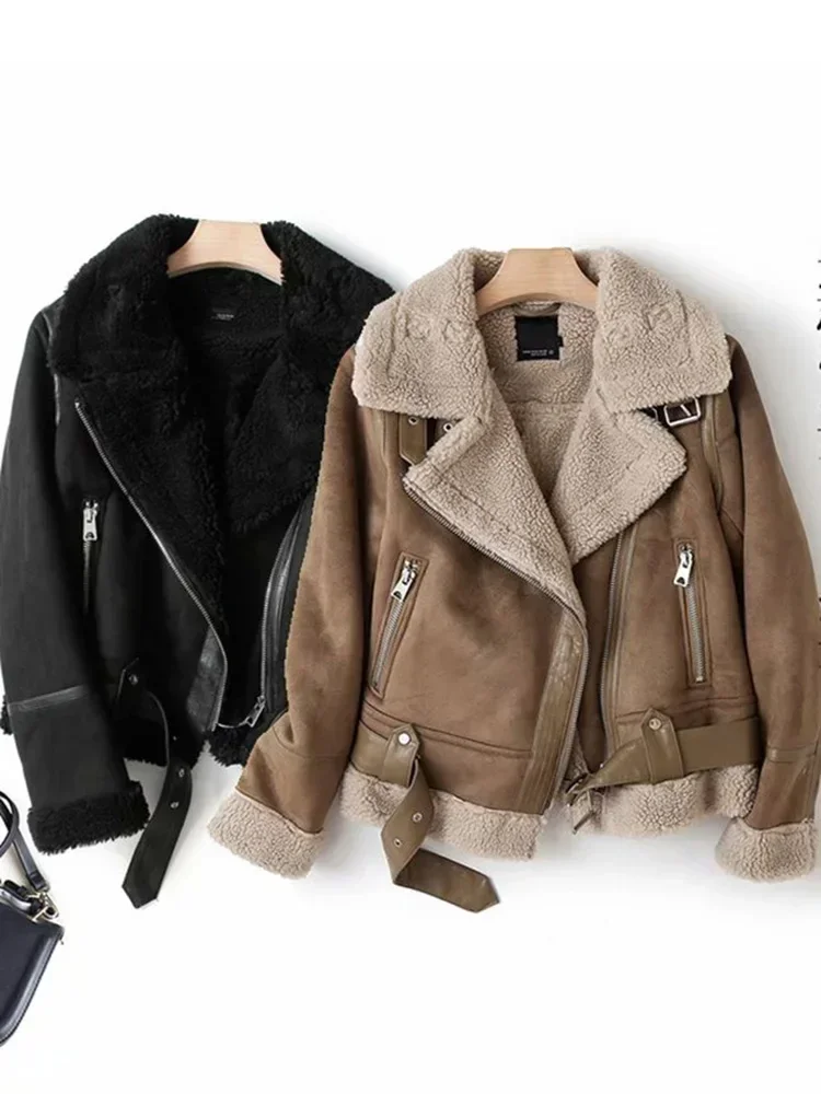 Winter Faux Leather Jacket Women Punk Suede Fur Coat Biker Motorcycle Jacket Warm Black Outerwear