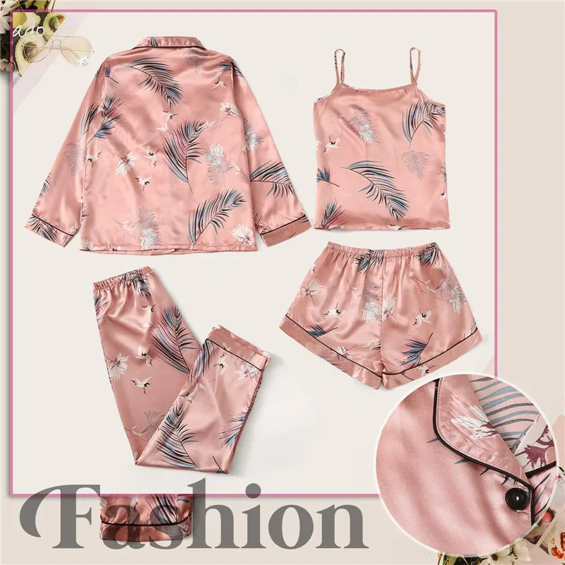 4 Pieces Sleepwear Set Pajama Set For Women Faux Silk Stain Nightwear Fashion Comfortable Sexy Sling Shorts Printed Home Clothes