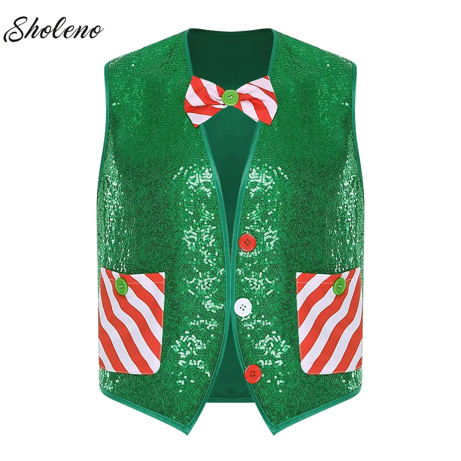 

Men Christmas Costume Color Block Sequins Vest Asymmetrical Hem Striped Pockets Waistcoat with Bowtie for Xmas Stage Performance