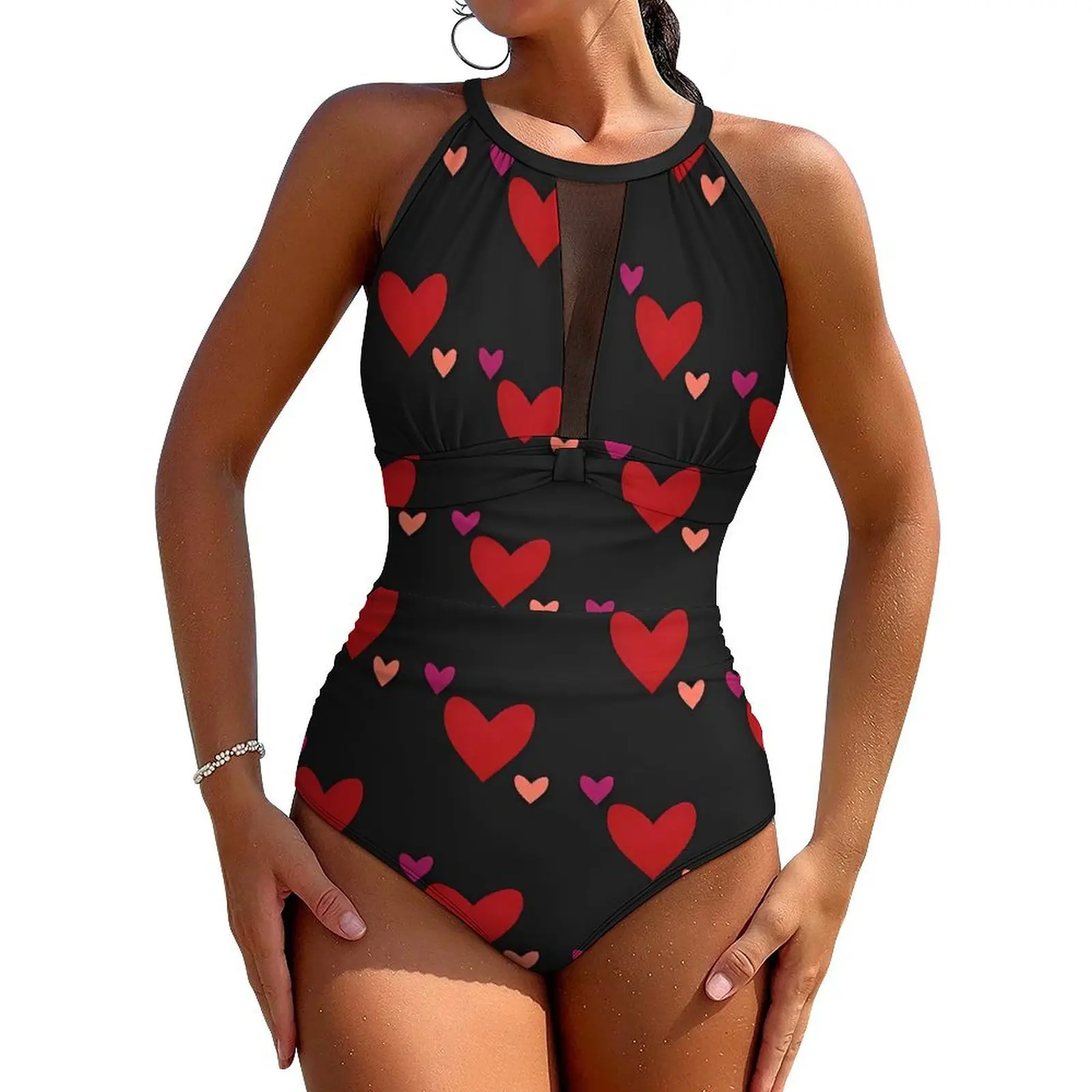 

Red And Orange Hearts Swimsuit Sexy One Piece Swimwear Push Up Swimsuits Stylish Holiday Surf Beach Outfits