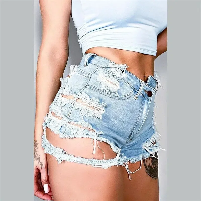 Fashion Sexy Rip Irregular Broken Holes Denim Shorts Women Tassel Trouser Legs Mini Jeans Female High Waist Three Quarter Pants