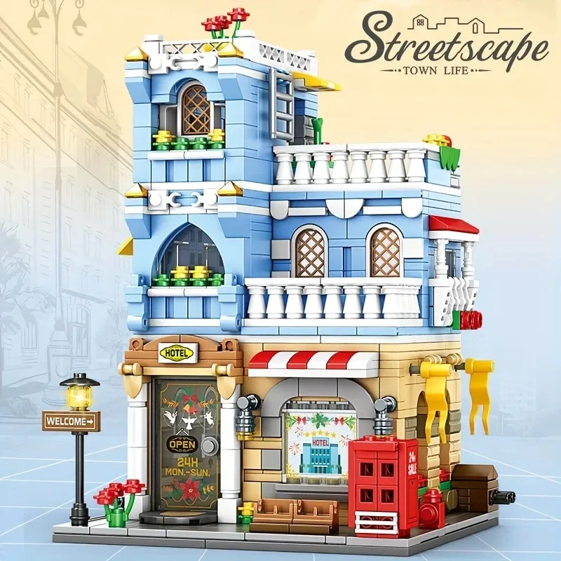 Image of Straßenansicht Supermarkt Hotel Restaurant Straßenszene Baustein-Set, Kreatives DIY-Montage-Set, Ideales Geschenk zum Geburtstag