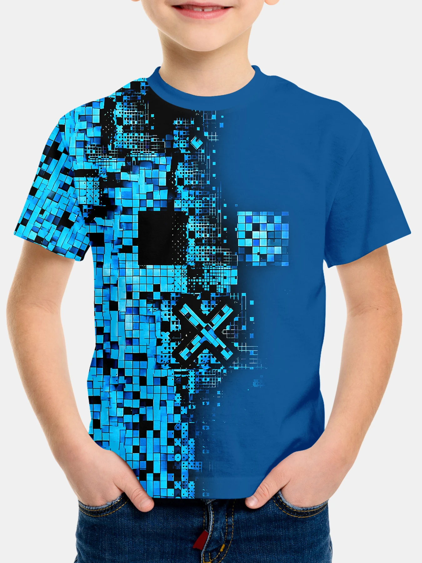 Boys Blue Tech Pixel Grid Cross X Print Round Neck Short Tee Ultra Quick Dry Trendy Smooth Light Premium Summer Streetwear Top