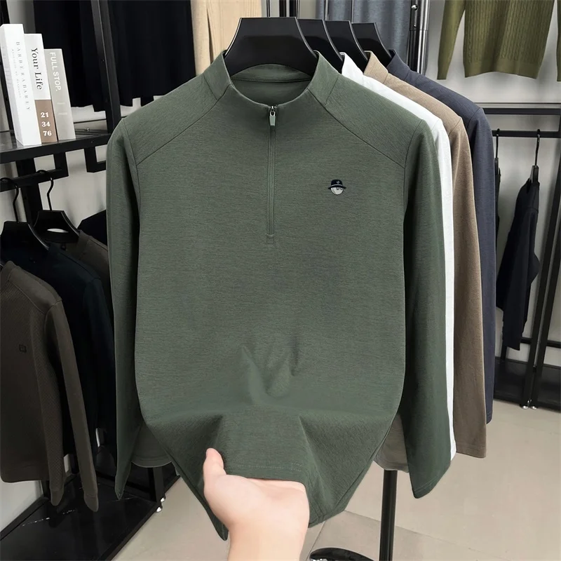 Neues Einfarbiges Herren-T-Shirt mit Stehkragen und Aufdruck, Herbst-Trend, Halber Reißverschluss, Langarm-Oberteil, Lässige Vielseitige Herrenbekleidung – Detail 15
