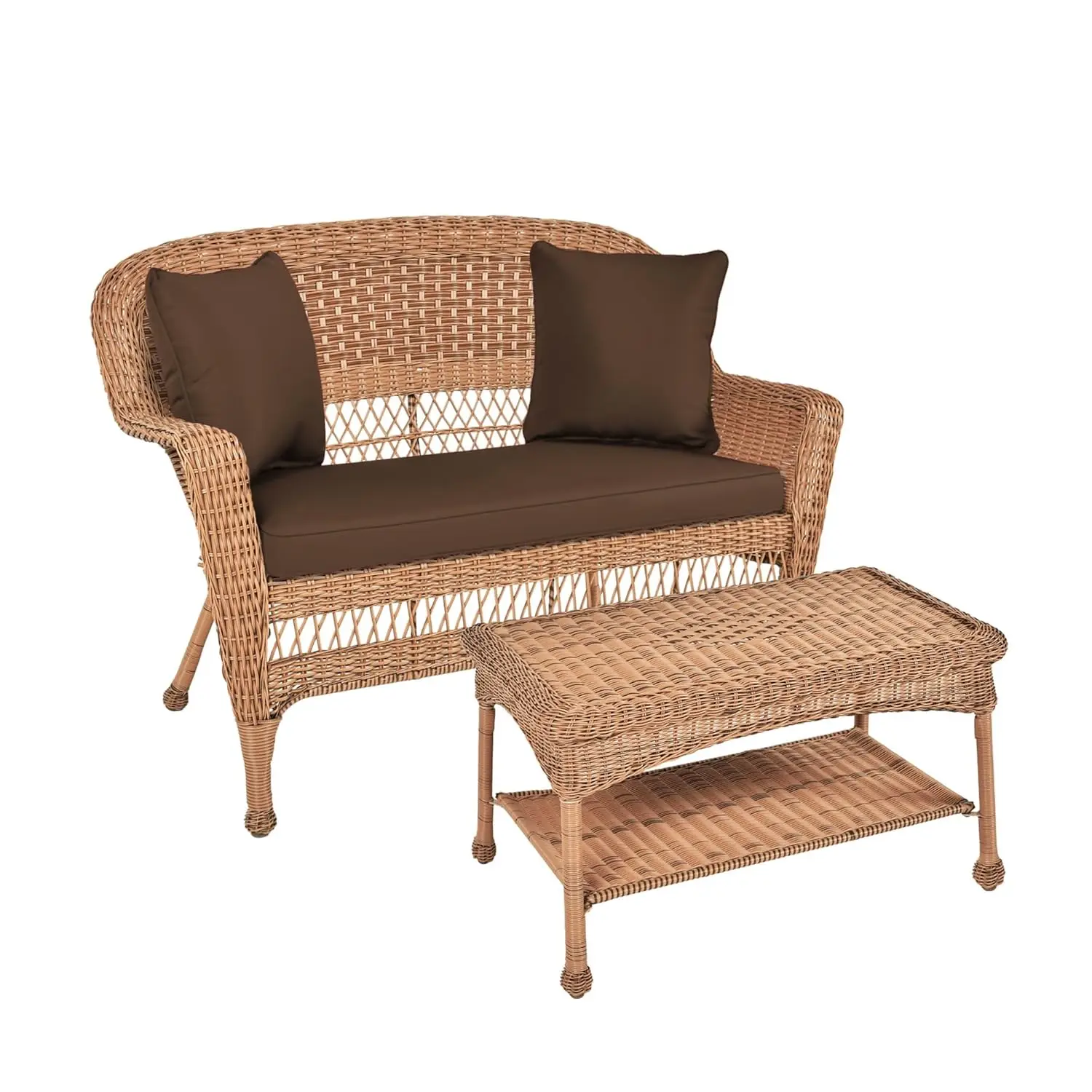 

Wicker Patio Loveseat Coffee Table Set Brown Cushion Honey Outdoor Garden Customized