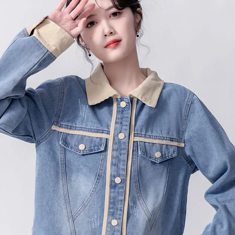 Denim Jacket Womens Clothing Spring Autumn New Embroidered Fashion Denim Coat Female Splicing Versatile Loose Outwear