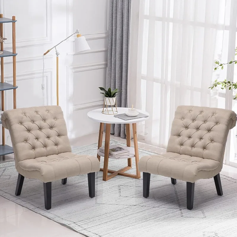 Accent Chairs Set of 2 Button Tufted Upholstered Chair for Bedroom Living Room Office Guest Chair Khaki Fabric