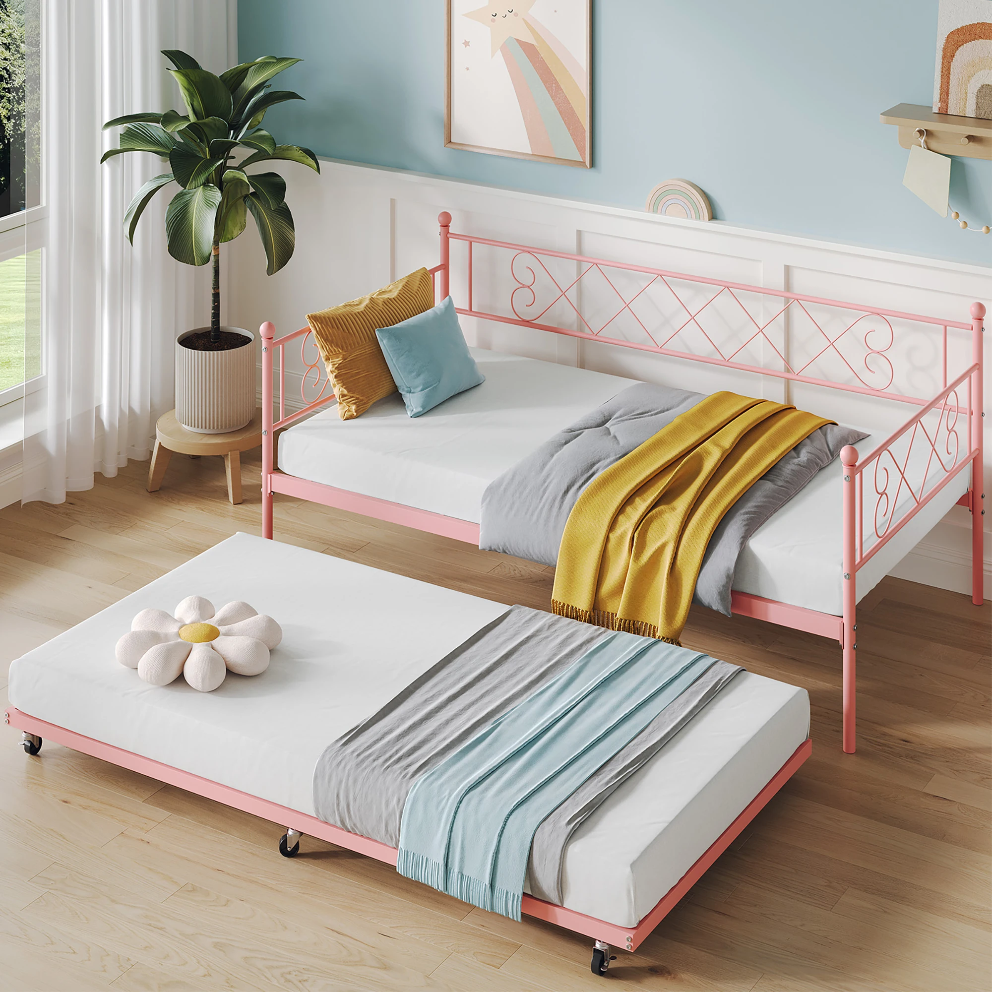 GarveeLife Sturdy Metal Daybed with Trundle – Heart-Shaped Headboard – Space-Saving Sofa Bed – Steel Slat Support – Ideal for Living Room, Bedroom, Guest Room – Easy Assembly – Purple