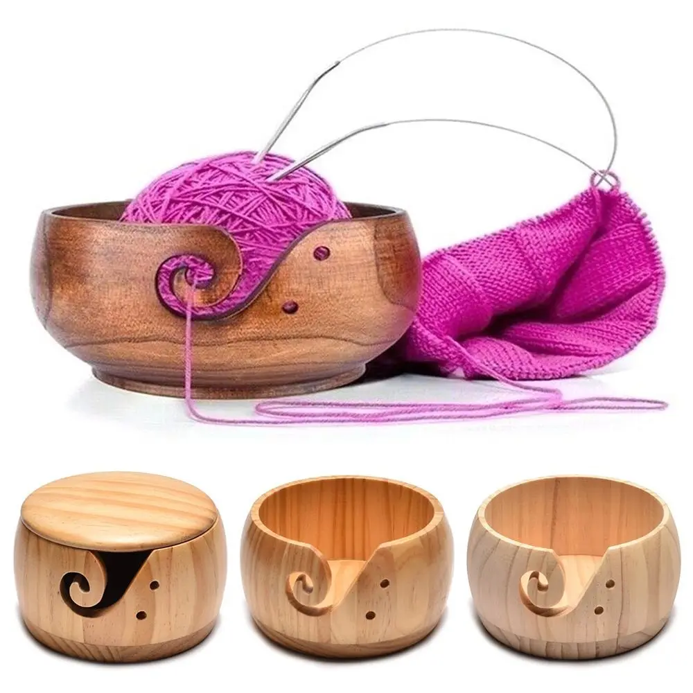 

DIY With Handmade Holes Knitting Crochet Weaving Tool Woolen Knitting Storage Basket Wool Holder Organizer Wooden Yarn Bowl