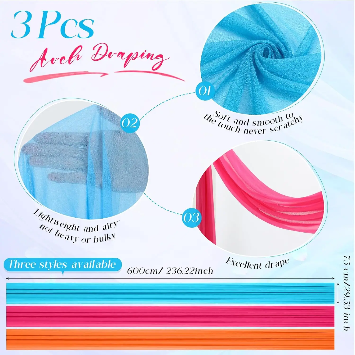 3pcs Sheer Chiffon Wedding Arch Draping Hot Pink Orange Blue Backdrop Curtain Voile for Sunset Party Bridal Shower Decoration