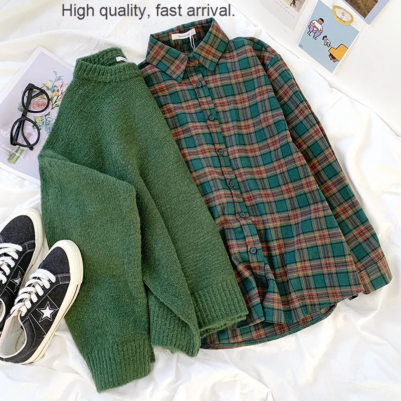 White Dark Retro Green Crew Neck Pullover Sweater Contrast Green Plaid Loose Long Sleeves Shirt women suit woman dress