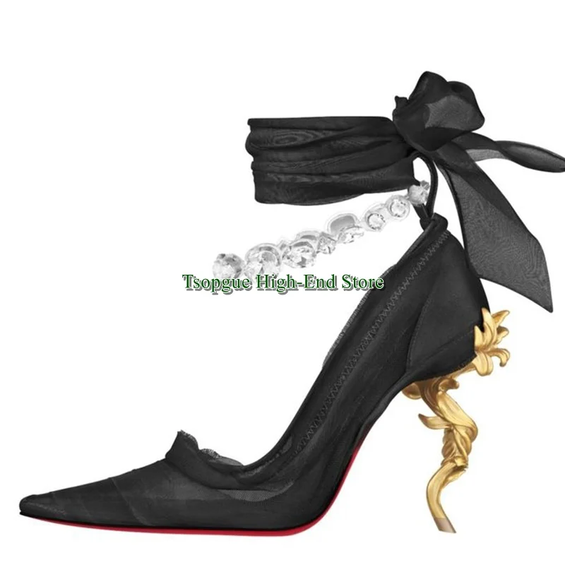 Pointed Toe Mesh Special-Shaped Heel Rhinestone Single Shoes Large Size Ankle Strap High Heels