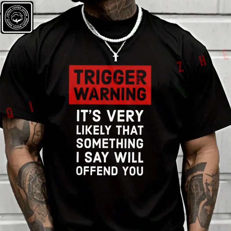 2026 Men T Shirt Funny TRIGGER WARNING Print Motorcycle T-Shirt Cotton Men‘s Summer Short Sleeve Tops Tee