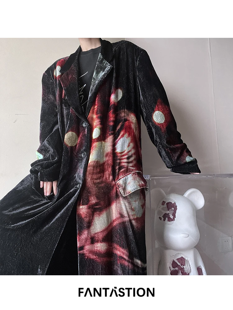 

FANTASTION Original design Romantic printed pattern jacket Corduroy trench coat velvet overcoat jackets Minimalist style tops