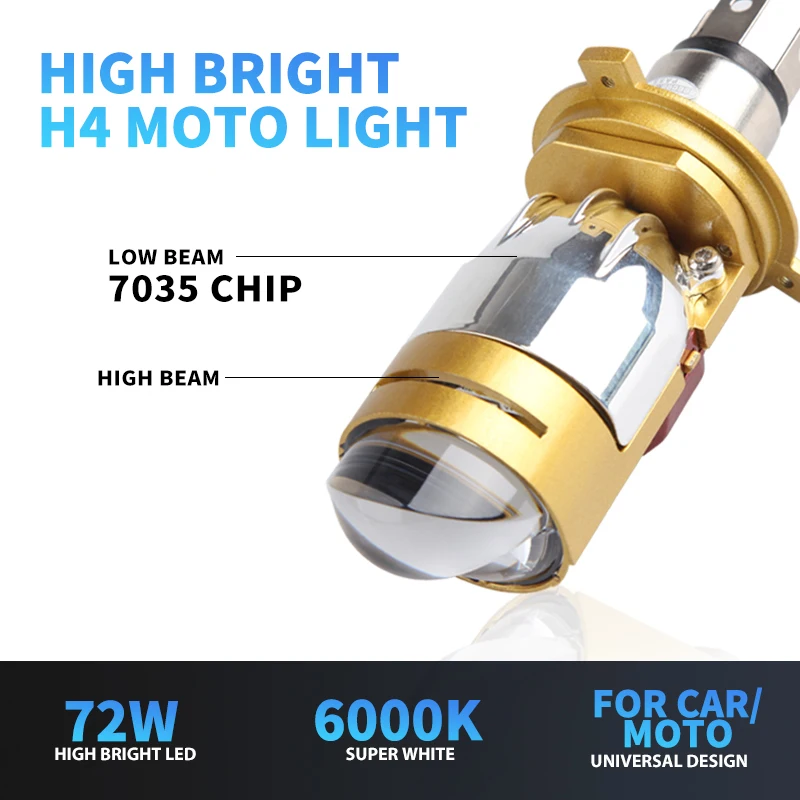 Led 모토 헤드라이트 전구, 7035 칩 렌즈, 화이트 하이로 스쿠터 액세서리, 안개등, 12V, 1 개, H4, 72W