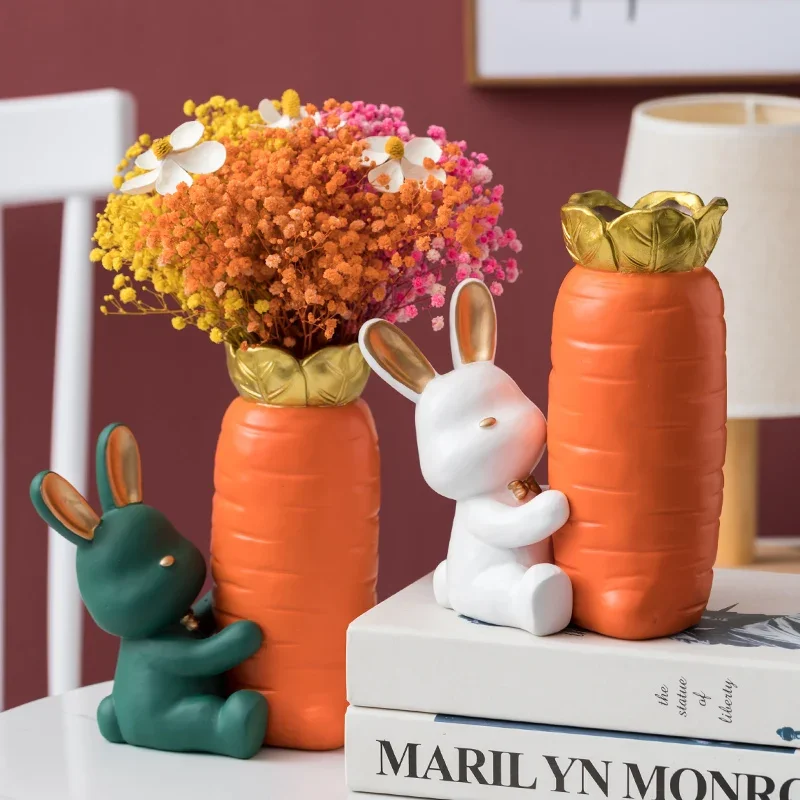 Cute Rabbit Radish Vase Resin Crafts Simulation Animal Flower Arrangement Container Living Room Children's Room Vase Decoration