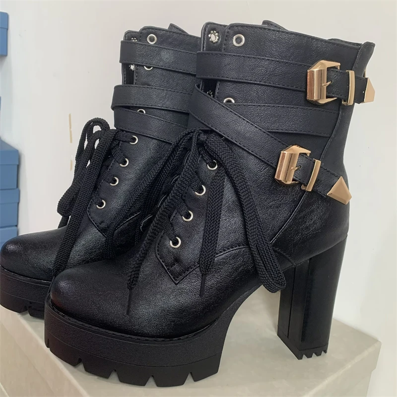 Winter Ankle Boots For Women Shoes Platform Sexy Buckle Punk Heel Motorcycle Boot Brown Shoes Woman Large Size