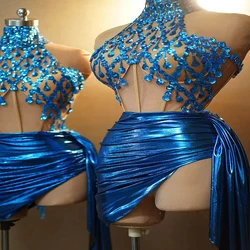 Birthday Party Celebration Dress Blue Sequins Halter Evening Dresses Singer Dancer Stage Clothing Drag Queen Costume