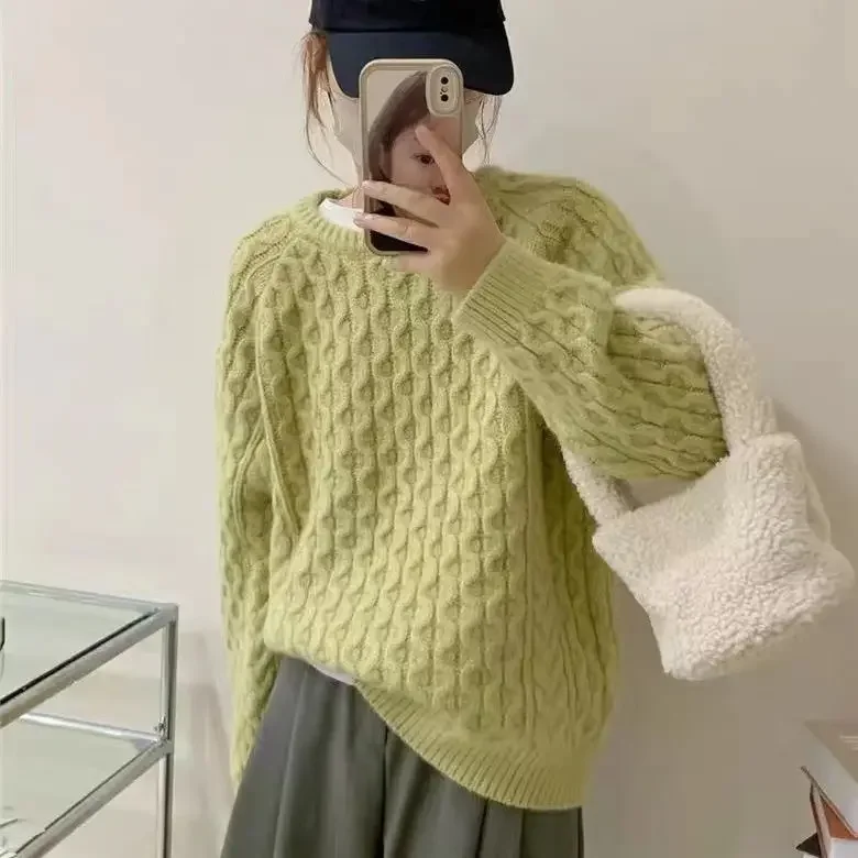 Pull Vintage Triblockchain à Manches sulfet Col Rond pour Femme, Vêtement Chic, Simple et Décontracté, Couleur Unie, Style Japonais, Automne Hiver 2024