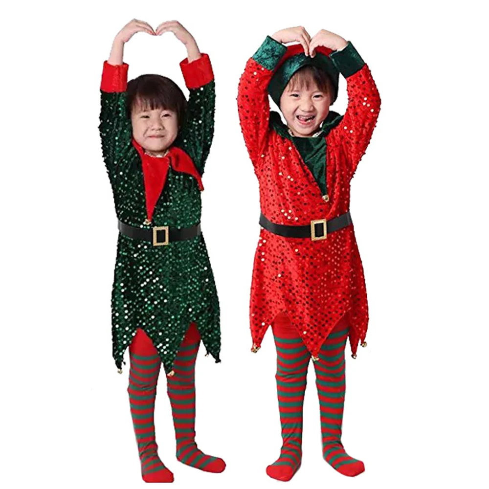 

Kids Girls Christmas Santa Claus Cosplay Dress New Year Xmas Party Performance Costume Christmas Elf Long Sleeves Sequins Dress